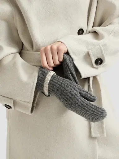 Brunello Cucinelli Women's Cashmere English Rib Knit Mittens with Monili - Lead | Thumbnail 2 Brunello Cucinelli Women's Cashmere English Rib Knit Mittens with Monili - Lead | Thumbnail 2