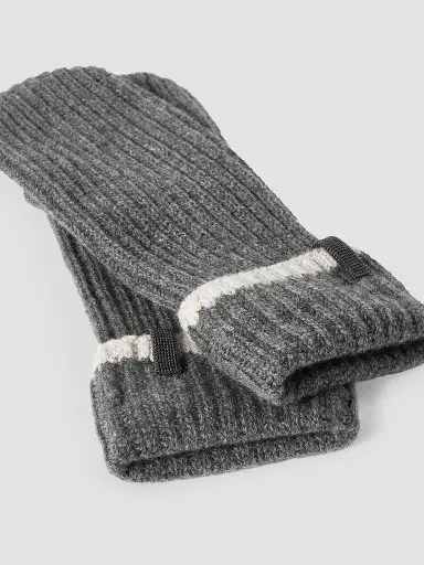Brunello Cucinelli Women's Cashmere English Rib Knit Mittens with Monili - Lead | Thumbnail 3 Brunello Cucinelli Women's Cashmere English Rib Knit Mittens with Monili - Lead | Thumbnail 3