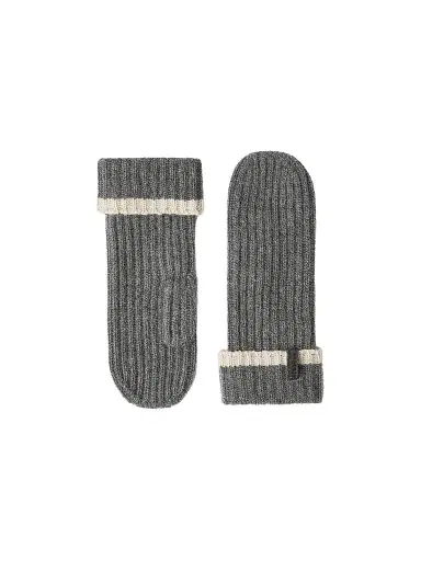 Brunello Cucinelli Women's Cashmere English Rib Knit Mittens with Monili - Lead | Thumbnail 1 Brunello Cucinelli Women's Cashmere English Rib Knit Mittens with Monili - Lead | Thumbnail 1