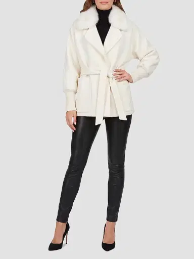Gorski Women's Fabric Jacket with Detachable Shearling Lamb Collar, Belt | Thumbnail 2 Gorski Women's Fabric Jacket with Detachable Shearling Lamb Collar, Belt | Thumbnail 2
