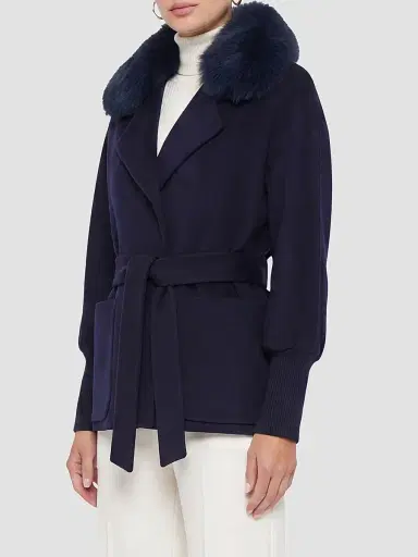 Gorski Women's Fabric Jacket with Detachable Shearling Lamb Collar, Belt | Thumbnail 4 Gorski Women's Fabric Jacket with Detachable Shearling Lamb Collar, Belt | Thumbnail 4