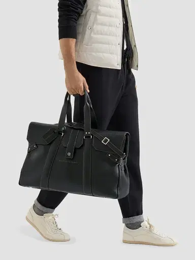 Brunello Cucinelli Men's Grained Calfskin Country Weekender Bag - Black | Thumbnail 2 Brunello Cucinelli Men's Grained Calfskin Country Weekender Bag - Black | Thumbnail 2