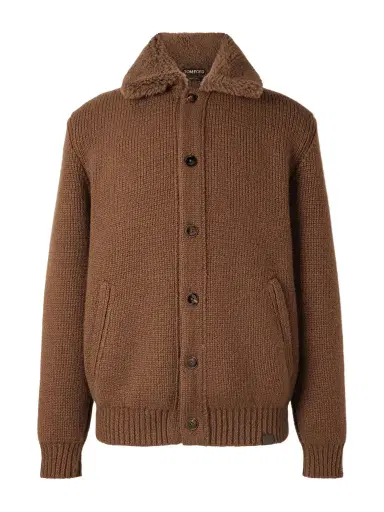Tom Ford Bouclé-Trimmed Ribbed Cashmere Cardigan - Men | Thumbnail 1 Tom Ford Bouclé-Trimmed Ribbed Cashmere Cardigan - Men | Thumbnail 1