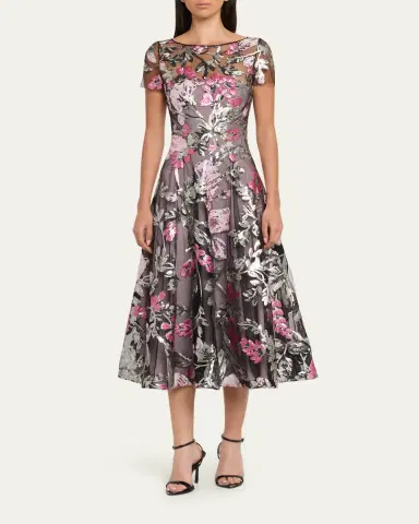 Naeem Khan Sequin Floral Short-Sleeved Tea Dress | Thumbnail 2 Naeem Khan Sequin Floral Short-Sleeved Tea Dress | Thumbnail 2