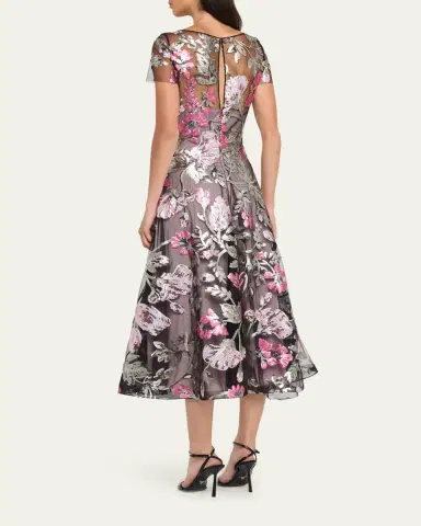 Naeem Khan Sequin Floral Short-Sleeved Tea Dress | Thumbnail 3 Naeem Khan Sequin Floral Short-Sleeved Tea Dress | Thumbnail 3