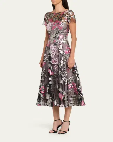 Naeem Khan Sequin Floral Short-Sleeved Tea Dress | Thumbnail 4 Naeem Khan Sequin Floral Short-Sleeved Tea Dress | Thumbnail 4