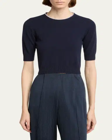 Giorgio Armani Crystal-Collar Cashmere Short-Sleeve Crop Sweater | Thumbnail 4 Giorgio Armani Crystal-Collar Cashmere Short-Sleeve Crop Sweater | Thumbnail 4