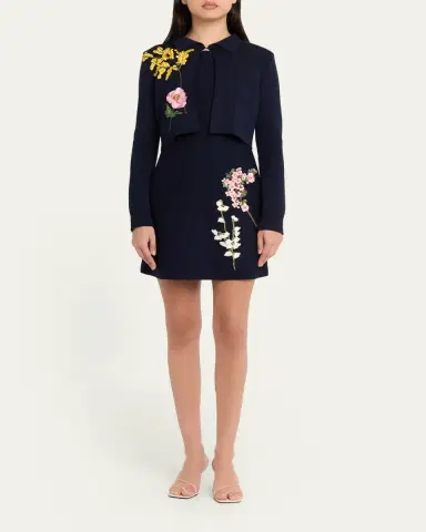 Oscar de la Renta Floral Embroidered Wool Crop Collared Cardigan | Thumbnail 2 Oscar de la Renta Floral Embroidered Wool Crop Collared Cardigan | Thumbnail 2