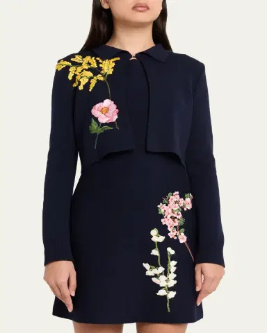 Oscar de la Renta Floral Embroidered Wool Crop Collared Cardigan | Thumbnail 4 Oscar de la Renta Floral Embroidered Wool Crop Collared Cardigan | Thumbnail 4