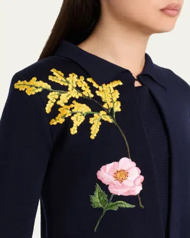 Oscar de la Renta Floral Embroidered Wool Crop Collared Cardigan | Thumbnail 5 Oscar de la Renta Floral Embroidered Wool Crop Collared Cardigan | Thumbnail 5