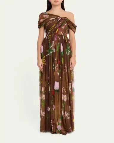 Oscar de la Renta One-Shoulder Mixed Botanical Silk Chiffon Gown | Thumbnail 2 Oscar de la Renta One-Shoulder Mixed Botanical Silk Chiffon Gown | Thumbnail 2