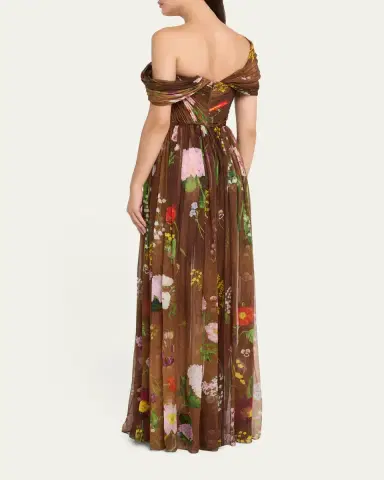Oscar de la Renta One-Shoulder Mixed Botanical Silk Chiffon Gown | Thumbnail 3 Oscar de la Renta One-Shoulder Mixed Botanical Silk Chiffon Gown | Thumbnail 3