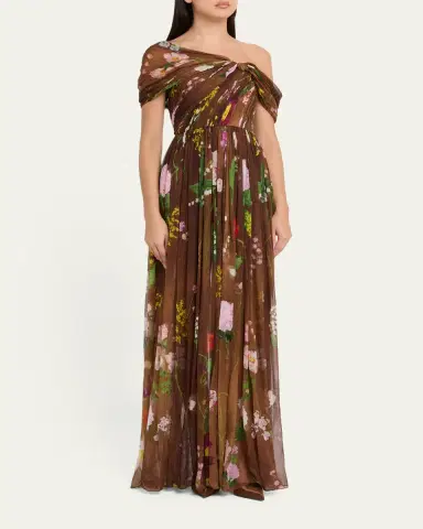 Oscar de la Renta One-Shoulder Mixed Botanical Silk Chiffon Gown | Thumbnail 4 Oscar de la Renta One-Shoulder Mixed Botanical Silk Chiffon Gown | Thumbnail 4