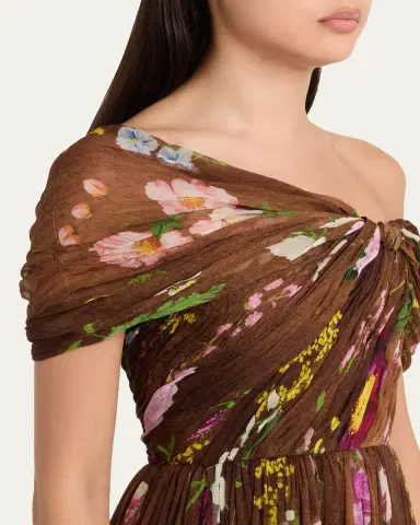 Oscar de la Renta One-Shoulder Mixed Botanical Silk Chiffon Gown | Thumbnail 5 Oscar de la Renta One-Shoulder Mixed Botanical Silk Chiffon Gown | Thumbnail 5