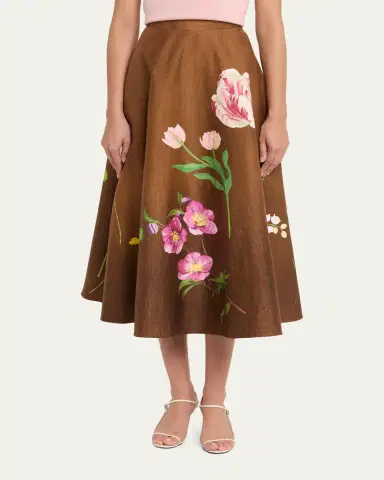 Oscar de la Renta Mixed Botanical Print Cotton Midi Skirt | Thumbnail 4 Oscar de la Renta Mixed Botanical Print Cotton Midi Skirt | Thumbnail 4