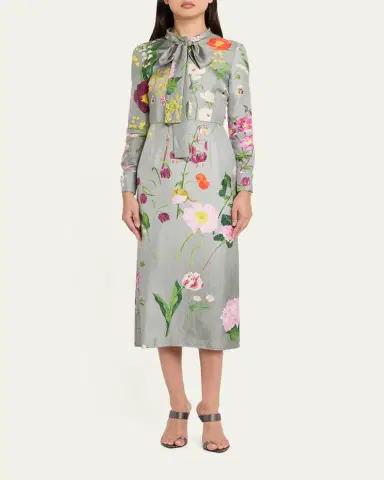 Oscar de la Renta Long-Sleeve Mixed Botanical Silk Scarf-Neck Midi Dress | Thumbnail 2 Oscar de la Renta Long-Sleeve Mixed Botanical Silk Scarf-Neck Midi Dress | Thumbnail 2