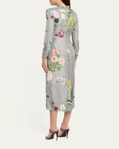Oscar de la Renta Long-Sleeve Mixed Botanical Silk Scarf-Neck Midi Dress | Thumbnail 3 Oscar de la Renta Long-Sleeve Mixed Botanical Silk Scarf-Neck Midi Dress | Thumbnail 3