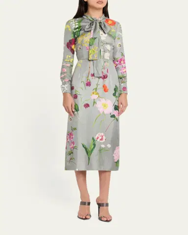Oscar de la Renta Long-Sleeve Mixed Botanical Silk Scarf-Neck Midi Dress | Thumbnail 4 Oscar de la Renta Long-Sleeve Mixed Botanical Silk Scarf-Neck Midi Dress | Thumbnail 4