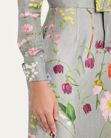 Oscar de la Renta Long-Sleeve Mixed Botanical Silk Scarf-Neck Midi Dress | Thumbnail 5 Oscar de la Renta Long-Sleeve Mixed Botanical Silk Scarf-Neck Midi Dress | Thumbnail 5