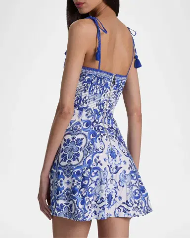 ALICE + OLIVIA Glinda Majolica Tassel Linen-Blend Mini Dress | Thumbnail 3 ALICE + OLIVIA Glinda Majolica Tassel Linen-Blend Mini Dress | Thumbnail 3