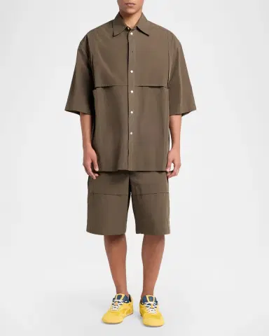 Bottega Veneta Men's Macro Intreccio Cotton Toile Short-Sleeve Shirt | Thumbnail 2 Bottega Veneta Men's Macro Intreccio Cotton Toile Short-Sleeve Shirt | Thumbnail 2