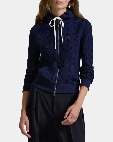 Polo Ralph Lauren Logo Cotton Cable-Knit Hoodie | Thumbnail 4 Polo Ralph Lauren Logo Cotton Cable-Knit Hoodie | Thumbnail 4