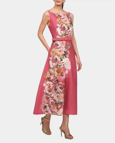 Kay Unger New York Slyvie Floral Belted Satin Tea-Length Dress | Thumbnail 4 Kay Unger New York Slyvie Floral Belted Satin Tea-Length Dress | Thumbnail 4