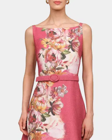 Kay Unger New York Slyvie Floral Belted Satin Tea-Length Dress | Thumbnail 5 Kay Unger New York Slyvie Floral Belted Satin Tea-Length Dress | Thumbnail 5