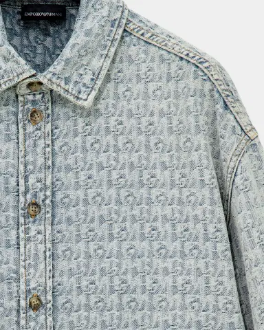 Emporio Armani Men's Monogram Denim Button-Front Shirt | Thumbnail 4 Emporio Armani Men's Monogram Denim Button-Front Shirt | Thumbnail 4