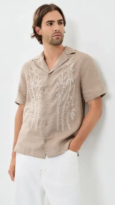 Frescobol Carioca Alves Palm Embroidered inen Shirt ight Brown | Thumbnail 2 Frescobol Carioca Alves Palm Embroidered inen Shirt ight Brown | Thumbnail 2