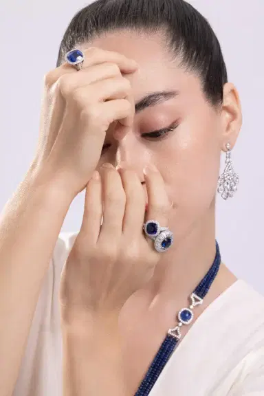 CICADA Blue Sapphire Baguette Diamond Halo Ring | Thumbnail 2 CICADA Blue Sapphire Baguette Diamond Halo Ring | Thumbnail 2