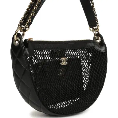 Chanel Chanel Round Clutch with Chain Black Mesh, Lambskin Light Gold Hardware | Thumbnail 2 Chanel Chanel Round Clutch with Chain Black Mesh, Lambskin Light Gold Hardware | Thumbnail 2