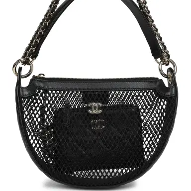 Chanel Chanel Round Clutch with Chain Black Mesh, Lambskin Light Gold Hardware | Thumbnail 1 Chanel Chanel Round Clutch with Chain Black Mesh, Lambskin Light Gold Hardware | Thumbnail 1