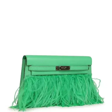 HERMÈS Pre-owned Hermes Kelly Elan Foile Vert Comics Chevre and Ostrich Feather Palladium Hardware | Thumbnail 2 HERMÈS Pre-owned Hermes Kelly Elan Foile Vert Comics Chevre and Ostrich Feather Palladium Hardware | Thumbnail 2