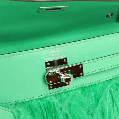HERMÈS Pre-owned Hermes Kelly Elan Foile Vert Comics Chevre and Ostrich Feather Palladium Hardware | Thumbnail 7 HERMÈS Pre-owned Hermes Kelly Elan Foile Vert Comics Chevre and Ostrich Feather Palladium Hardware | Thumbnail 7