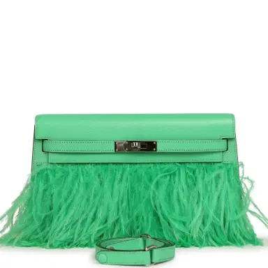 HERMÈS Pre-owned Hermes Kelly Elan Foile Vert Comics Chevre and Ostrich Feather Palladium Hardware | Thumbnail 1 HERMÈS Pre-owned Hermes Kelly Elan Foile Vert Comics Chevre and Ostrich Feather Palladium Hardware | Thumbnail 1