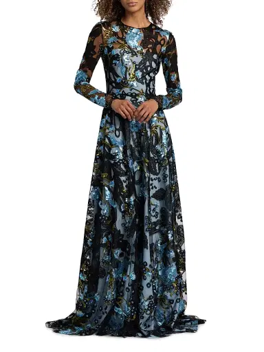 Naeem Khan Women's Sequined Floral Lace Long-Sleeve Gown - Blue Black - Size 6 | Thumbnail 2 Naeem Khan Women's Sequined Floral Lace Long-Sleeve Gown - Blue Black - Size 6 | Thumbnail 2