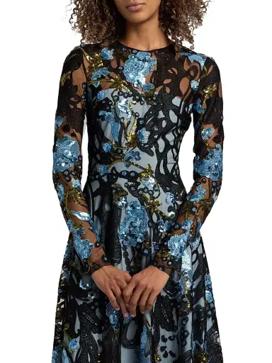 Naeem Khan Women's Sequined Floral Lace Long-Sleeve Gown - Blue Black - Size 6 | Thumbnail 6 Naeem Khan Women's Sequined Floral Lace Long-Sleeve Gown - Blue Black - Size 6 | Thumbnail 6