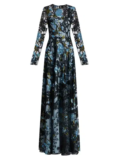 Naeem Khan Women's Sequined Floral Lace Long-Sleeve Gown - Blue Black - Size 6 | Thumbnail 1 Naeem Khan Women's Sequined Floral Lace Long-Sleeve Gown - Blue Black - Size 6 | Thumbnail 1