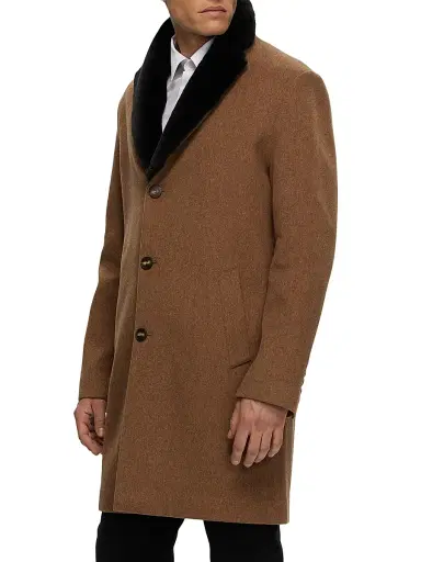 Gorski Men's Wool Stroller Coat with Shearling Trim - Camel | Thumbnail 3 Gorski Men's Wool Stroller Coat with Shearling Trim - Camel | Thumbnail 3