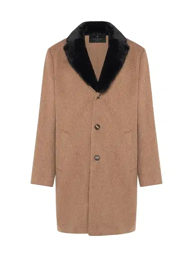 Gorski Men's Wool Stroller Coat with Shearling Trim - Camel | Thumbnail 1 Gorski Men's Wool Stroller Coat with Shearling Trim - Camel | Thumbnail 1