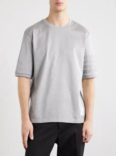 Thom Browne Logo-Appliquéd Striped Cotton-Jersey T-Shirt | Thumbnail 3 Thom Browne Logo-Appliquéd Striped Cotton-Jersey T-Shirt | Thumbnail 3