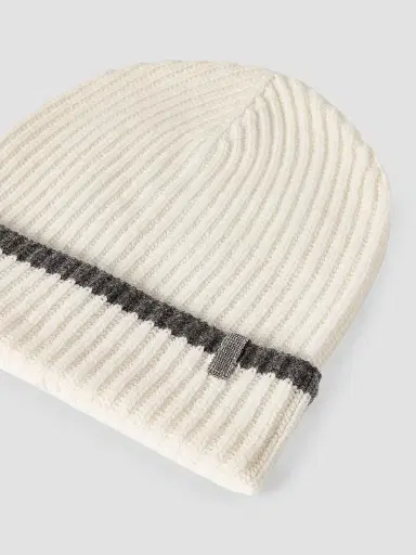 Brunello Cucinelli Women's Cashmere English Rib Knit Beanie with Monili - Panama | Thumbnail 2 Brunello Cucinelli Women's Cashmere English Rib Knit Beanie with Monili - Panama | Thumbnail 2