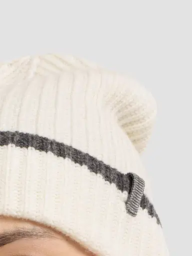 Brunello Cucinelli Women's Cashmere English Rib Knit Beanie with Monili - Panama | Thumbnail 3 Brunello Cucinelli Women's Cashmere English Rib Knit Beanie with Monili - Panama | Thumbnail 3