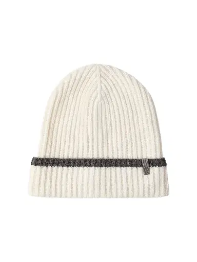 Brunello Cucinelli Women's Cashmere English Rib Knit Beanie with Monili - Panama | Thumbnail 1 Brunello Cucinelli Women's Cashmere English Rib Knit Beanie with Monili - Panama | Thumbnail 1