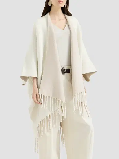 Brunello Cucinelli Women's Wool and Cashmere Double Knit Reversible Poncho - Panama | Thumbnail 2 Brunello Cucinelli Women's Wool and Cashmere Double Knit Reversible Poncho - Panama | Thumbnail 2