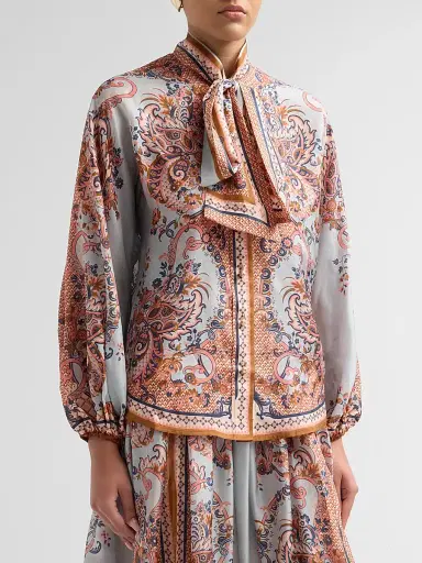 Zimmermann Women's Aster Silk Tie Neck Blouse - Blue Paisley Floral - Size 10 | Thumbnail 4 Zimmermann Women's Aster Silk Tie Neck Blouse - Blue Paisley Floral - Size 10 | Thumbnail 4