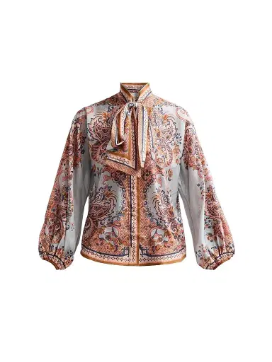 Zimmermann Women's Aster Silk Tie Neck Blouse - Blue Paisley Floral - Size 10 | Thumbnail 1 Zimmermann Women's Aster Silk Tie Neck Blouse - Blue Paisley Floral - Size 10 | Thumbnail 1