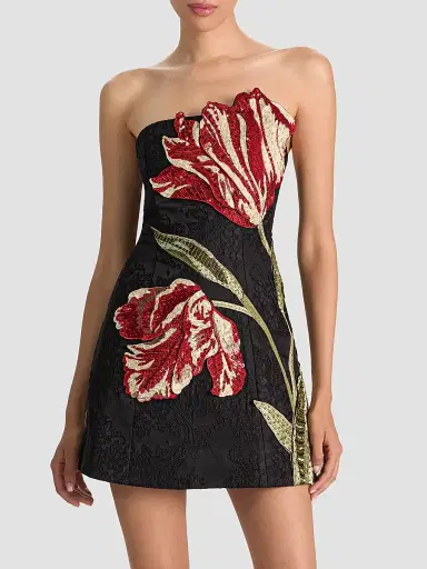 Alice + Olivia Women's Katia Strapless Floral Appliqué Mini Dress - Soft Tulip Black - Size 14 | Thumbnail 4 Alice + Olivia Women's Katia Strapless Floral Appliqué Mini Dress - Soft Tulip Black - Size 14 | Thumbnail 4