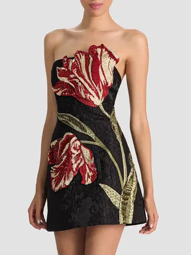 Alice + Olivia Women's Katia Strapless Floral Appliqué Mini Dress - Soft Tulip Black - Size 14 | Thumbnail 6 Alice + Olivia Women's Katia Strapless Floral Appliqué Mini Dress - Soft Tulip Black - Size 14 | Thumbnail 6